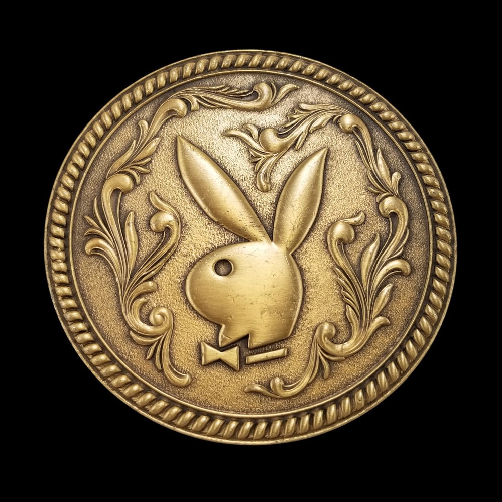 Vintage Playboy Bunny Head Belt Buckle Gold Tone Ornate‎ Scrollwork